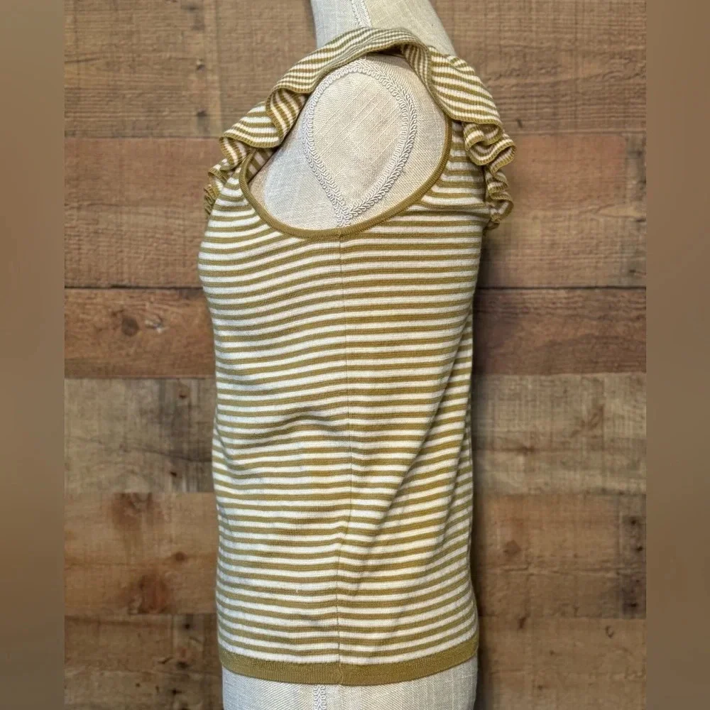 🌻 Madewell Belhaven Ruffle Sweater Tank sz Small Cream Camel Stripe Merino Wool